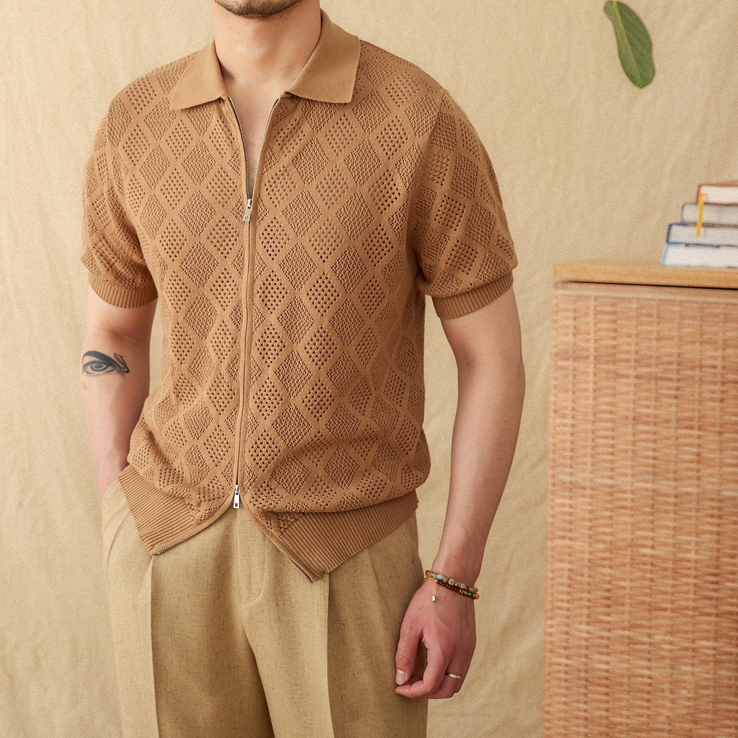 UrbanStoff | Baumwoll Lochstrick Zip-Poloshirt