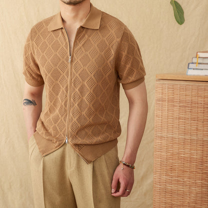 UrbanStoff | Baumwoll Lochstrick Zip-Poloshirt