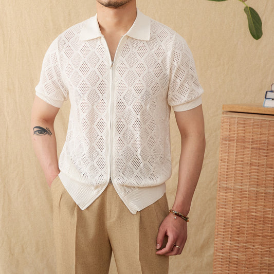 UrbanStoff | Baumwoll Lochstrick Zip-Poloshirt