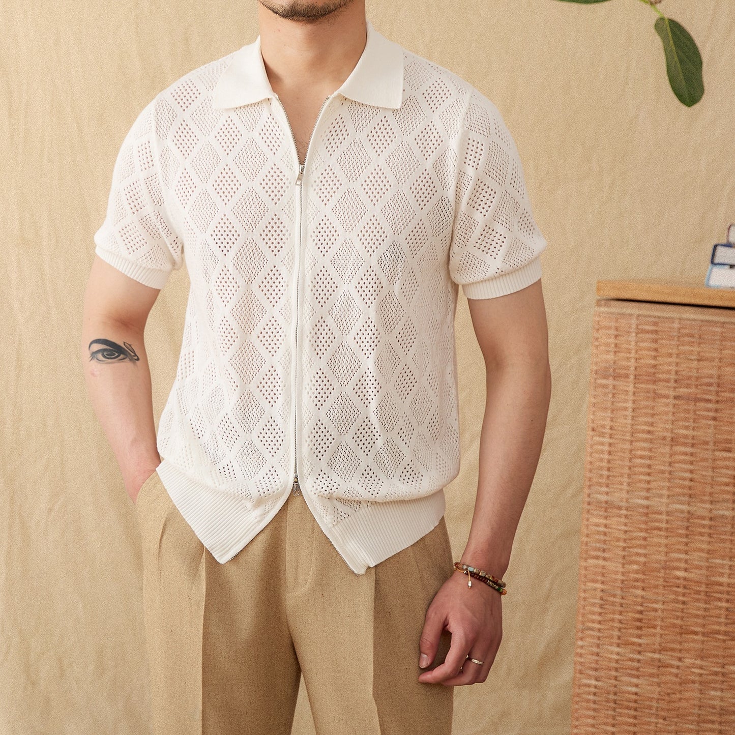 UrbanStoff | Baumwoll Lochstrick Zip-Poloshirt