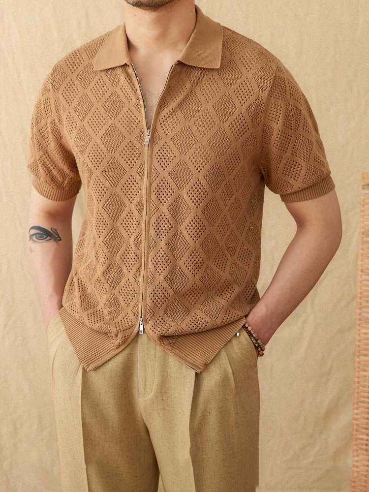 UrbanStoff | Baumwoll Lochstrick Zip-Poloshirt
