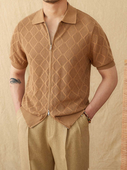 UrbanStoff | Baumwoll Lochstrick Zip-Poloshirt